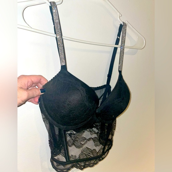 NWOT Victoria Secret Very Sexy Lace bustier with rhinestone straps in black. - Picture 4 of 6